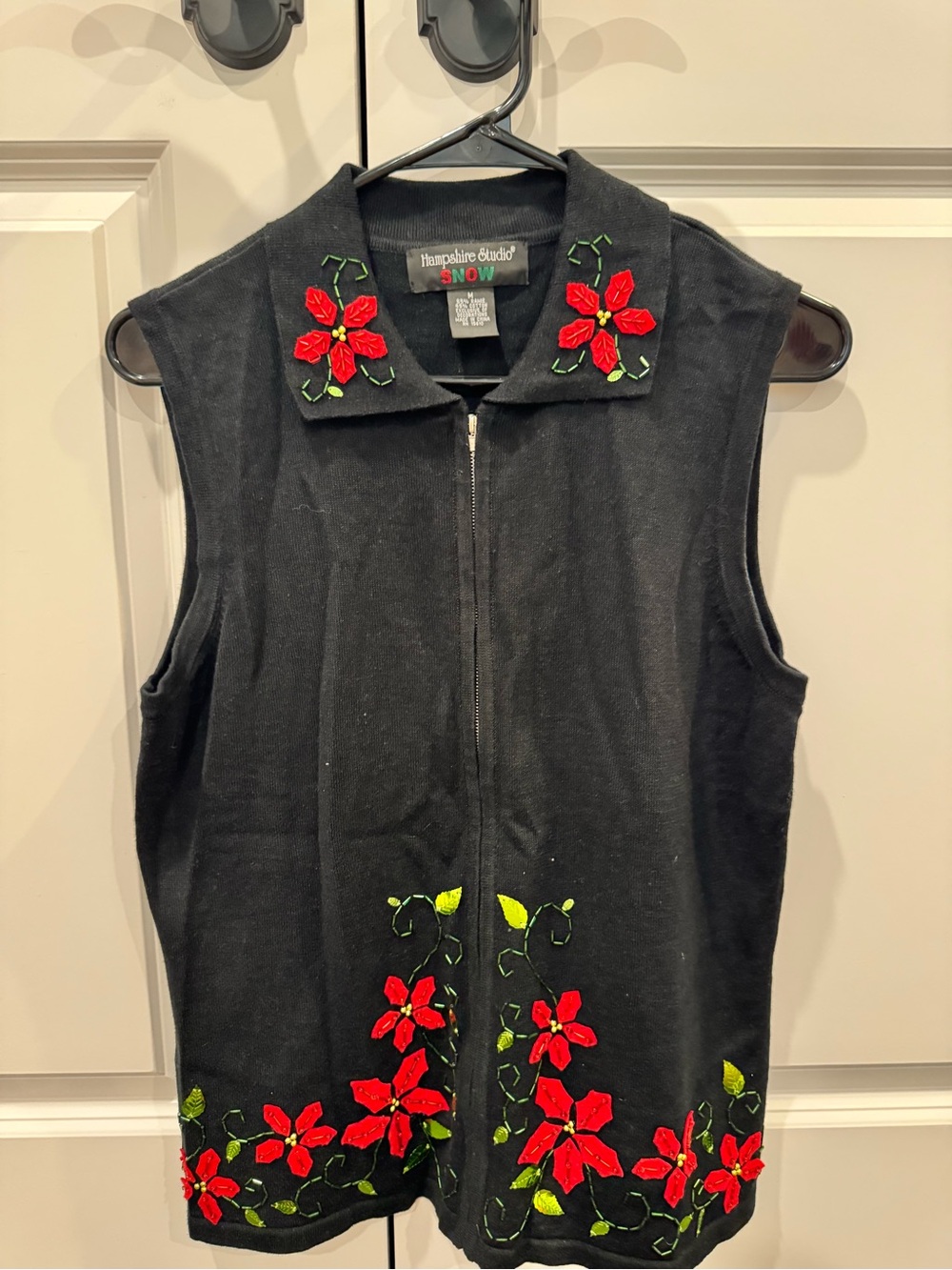 Hampshire Studio Snow Black Zip Cardigan with Red Poinsettia Embroidery
